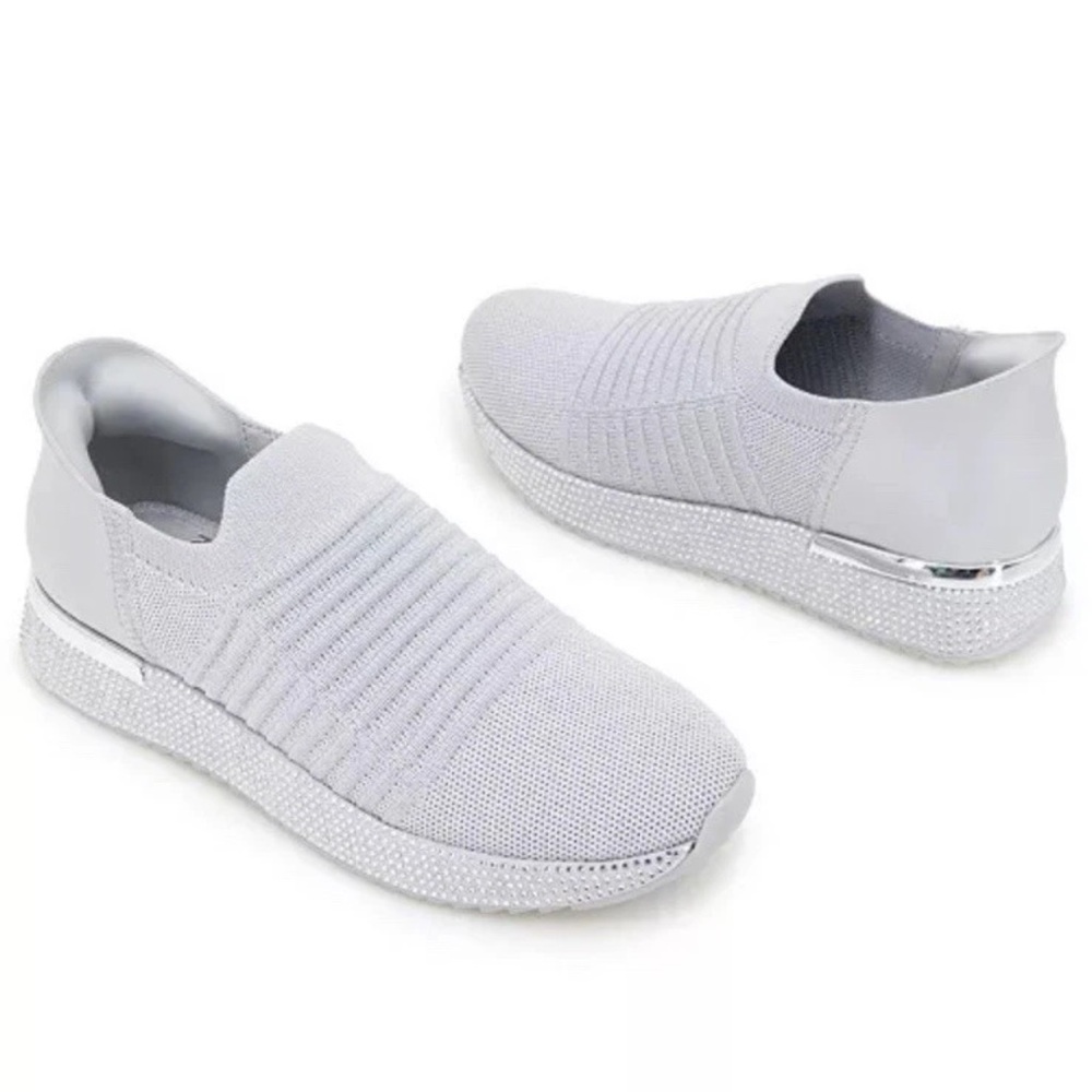 New Kenneth Cole Reaction Women's Cameron EZ ON Glitz Sneaker Silver Knit 8M